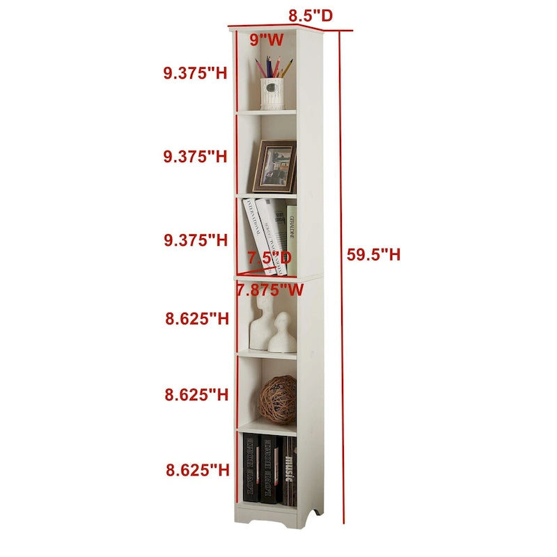 Étagère de rangement étroite et mince à 6 niveaux, bibliothèque multimédia, blanche