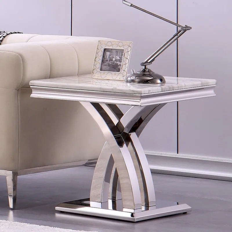 Table d'appoint en métal moderne avec plateau carré brillant et piètement en croix