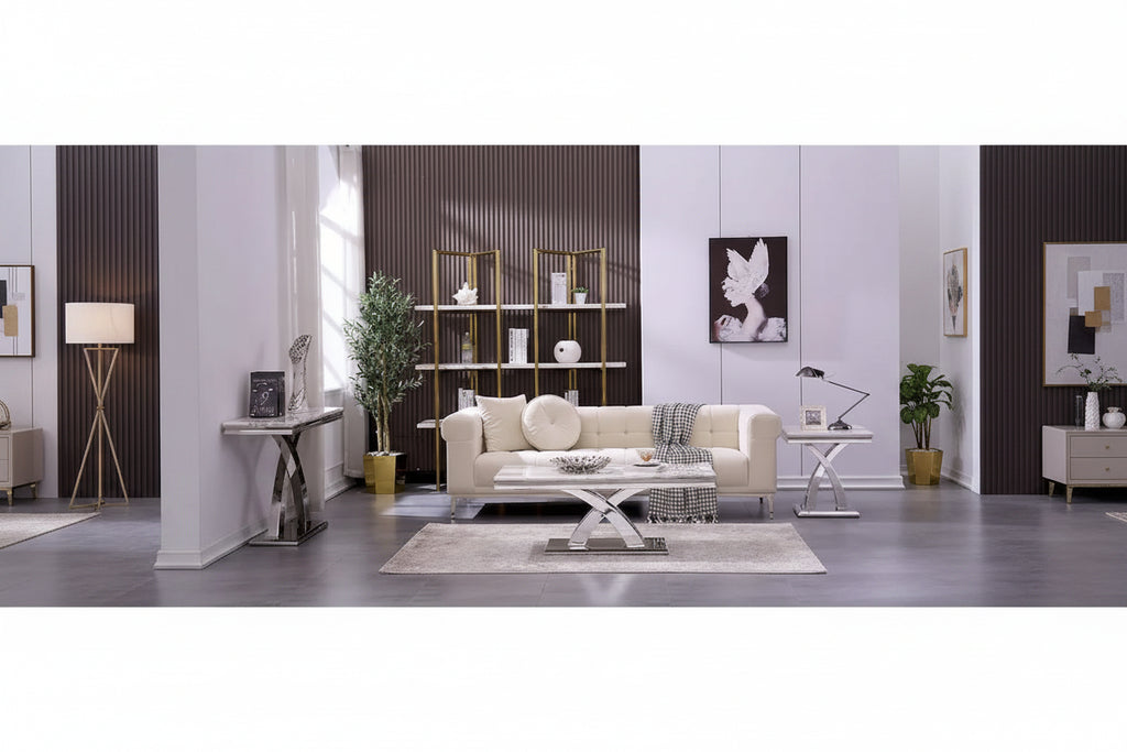 Table d'appoint en métal moderne avec plateau carré brillant et piètement en croix