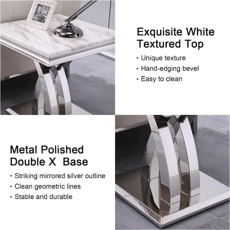 Table d'appoint en métal moderne avec plateau carré brillant et piètement en croix