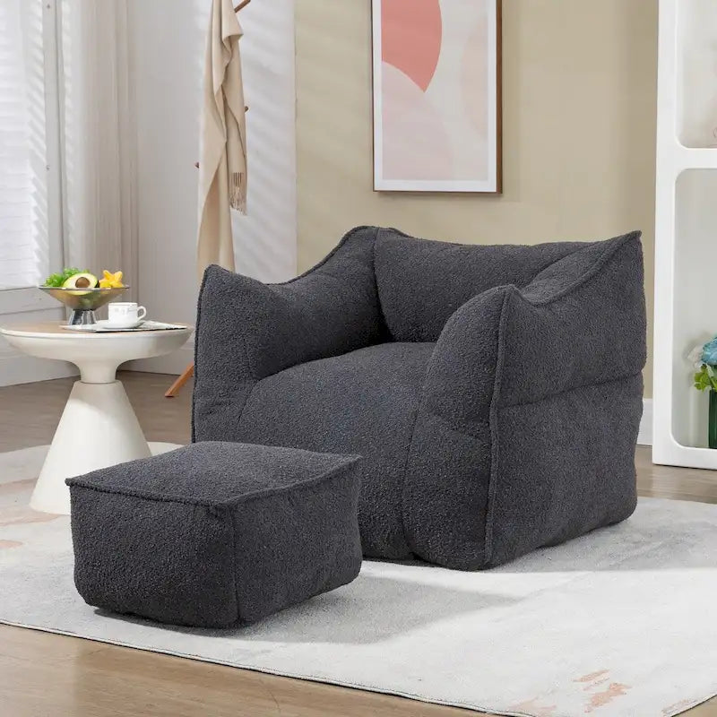 Pouf carré sans accoudoirs en tissu bouclé avec ottoman