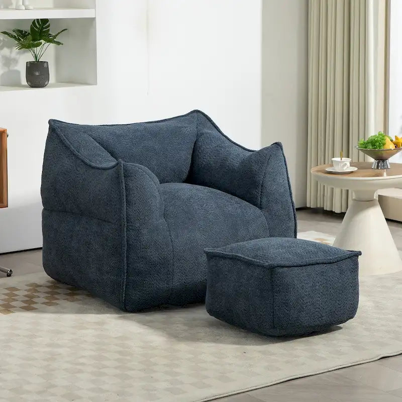 Pouf carré sans accoudoirs en tissu bouclé avec ottoman