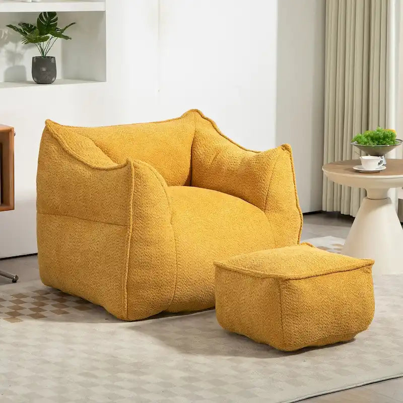 Pouf carré sans accoudoirs en tissu bouclé avec ottoman
