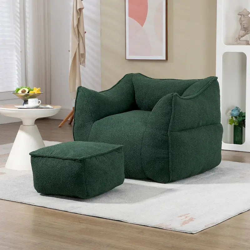 Pouf carré sans accoudoirs en tissu bouclé avec ottoman