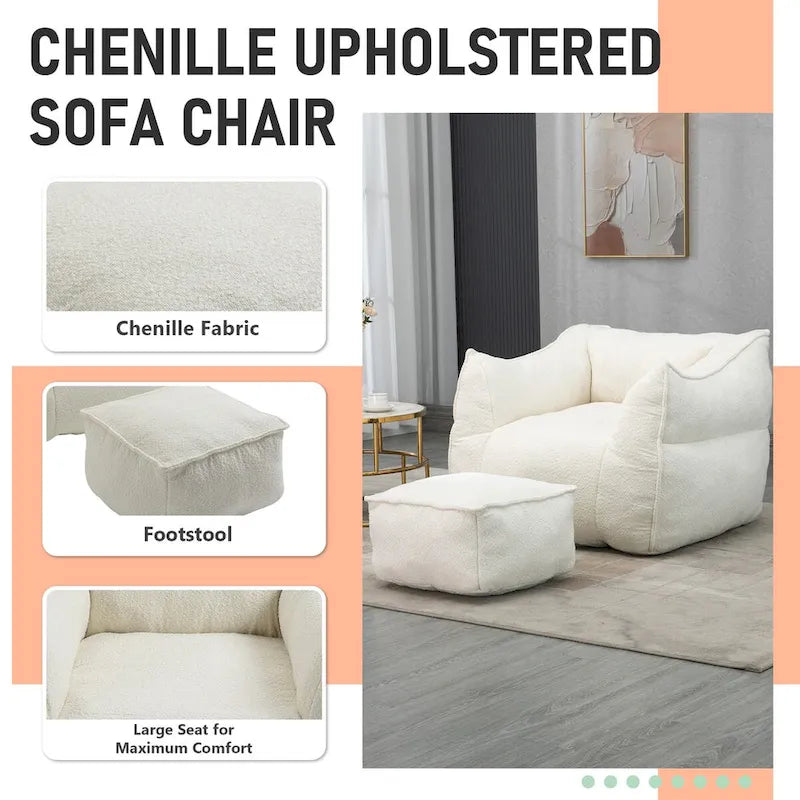Pouf carré sans accoudoirs en tissu bouclé avec ottoman