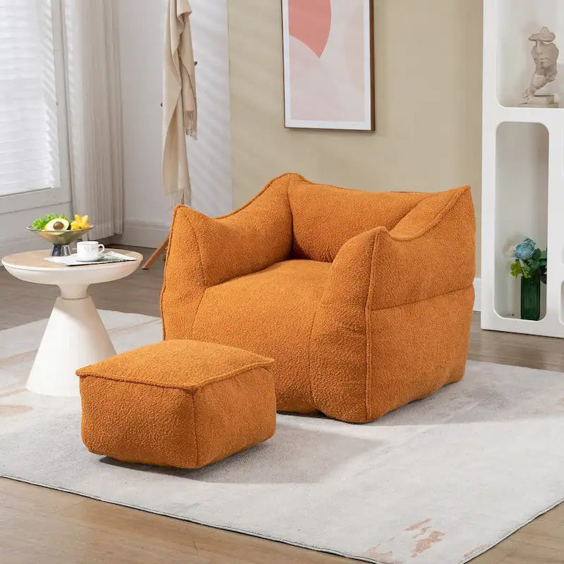 Pouf carré sans accoudoirs en tissu bouclé avec ottoman