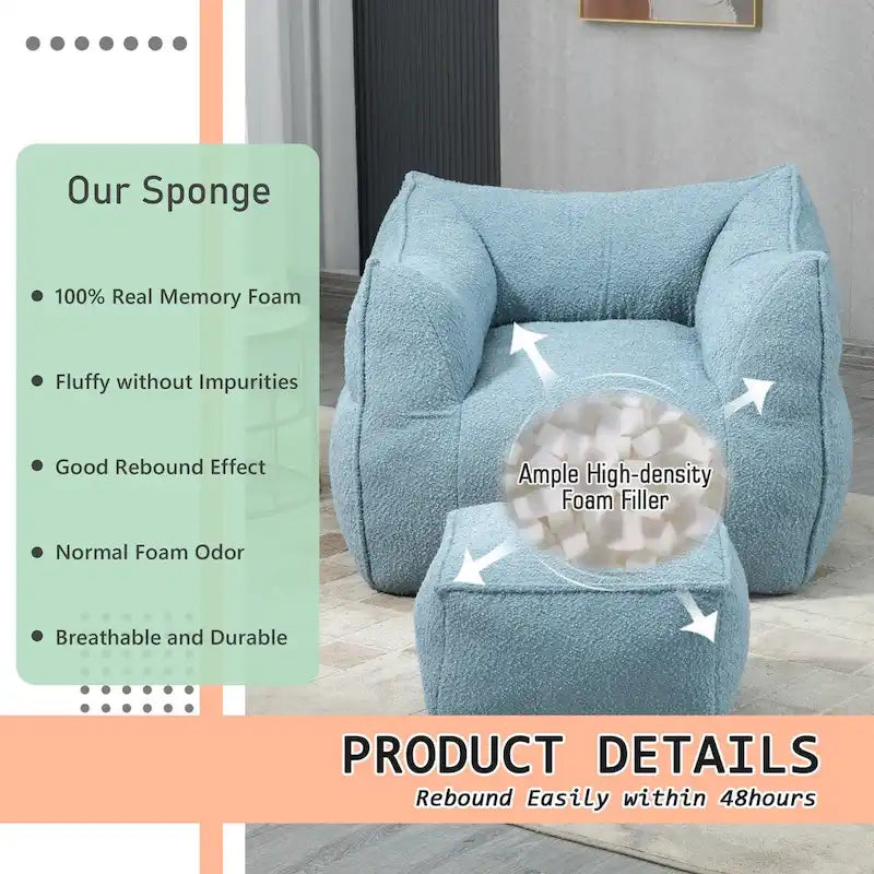 Pouf carré sans accoudoirs en tissu bouclé avec ottoman