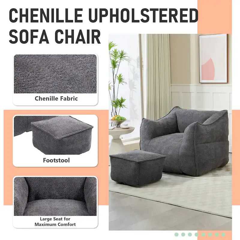 Pouf carré sans accoudoirs en tissu bouclé avec ottoman