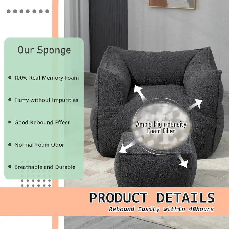 Pouf carré sans accoudoirs en tissu bouclé avec ottoman